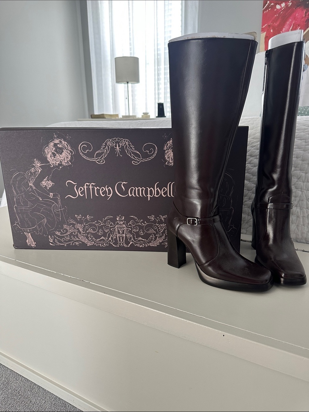 Jeffrey Campbell Brown Leather Knee-High Block Heel Boots
